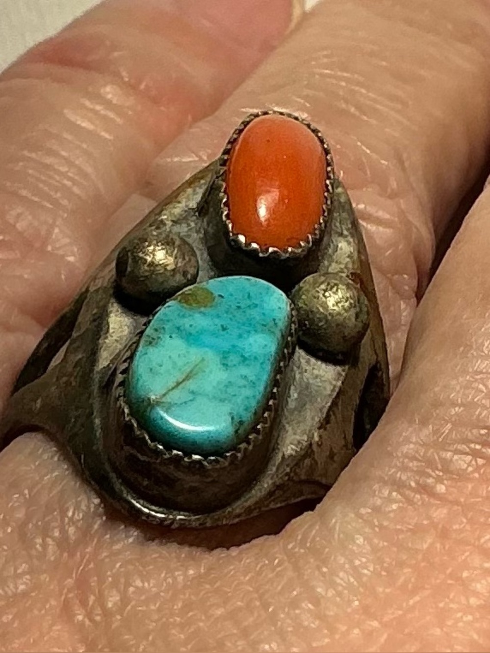 Navajo Turquoise Coral Statement Ring Dome Copper Setting Size 6.5  UNISEX VTG